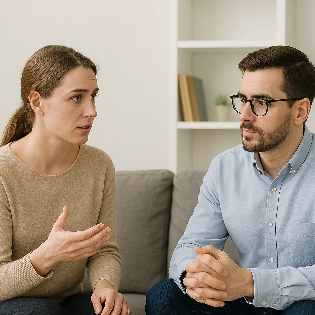 Casal conversando durante sessão de terapia sobre autoconhecimento